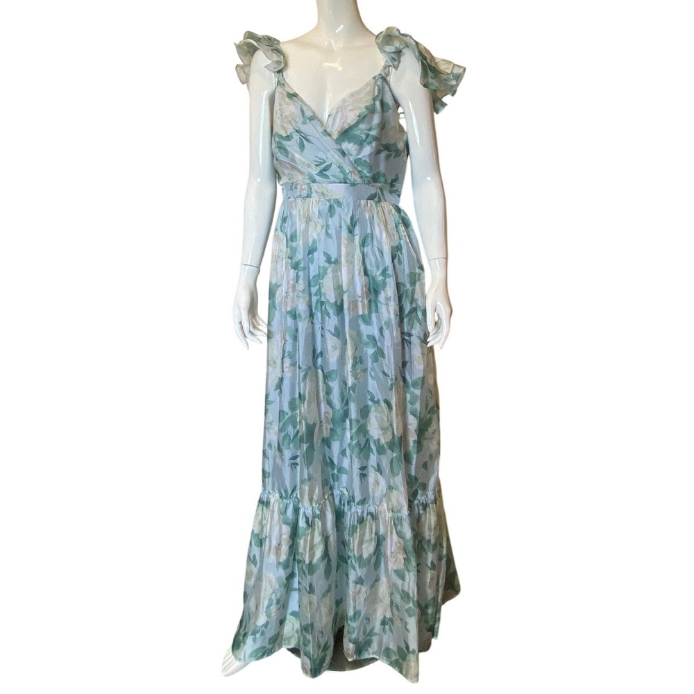 Lulus MF21963L Floral Ruffle Maxi Dress Green White Blue Large NEW Cottagecore